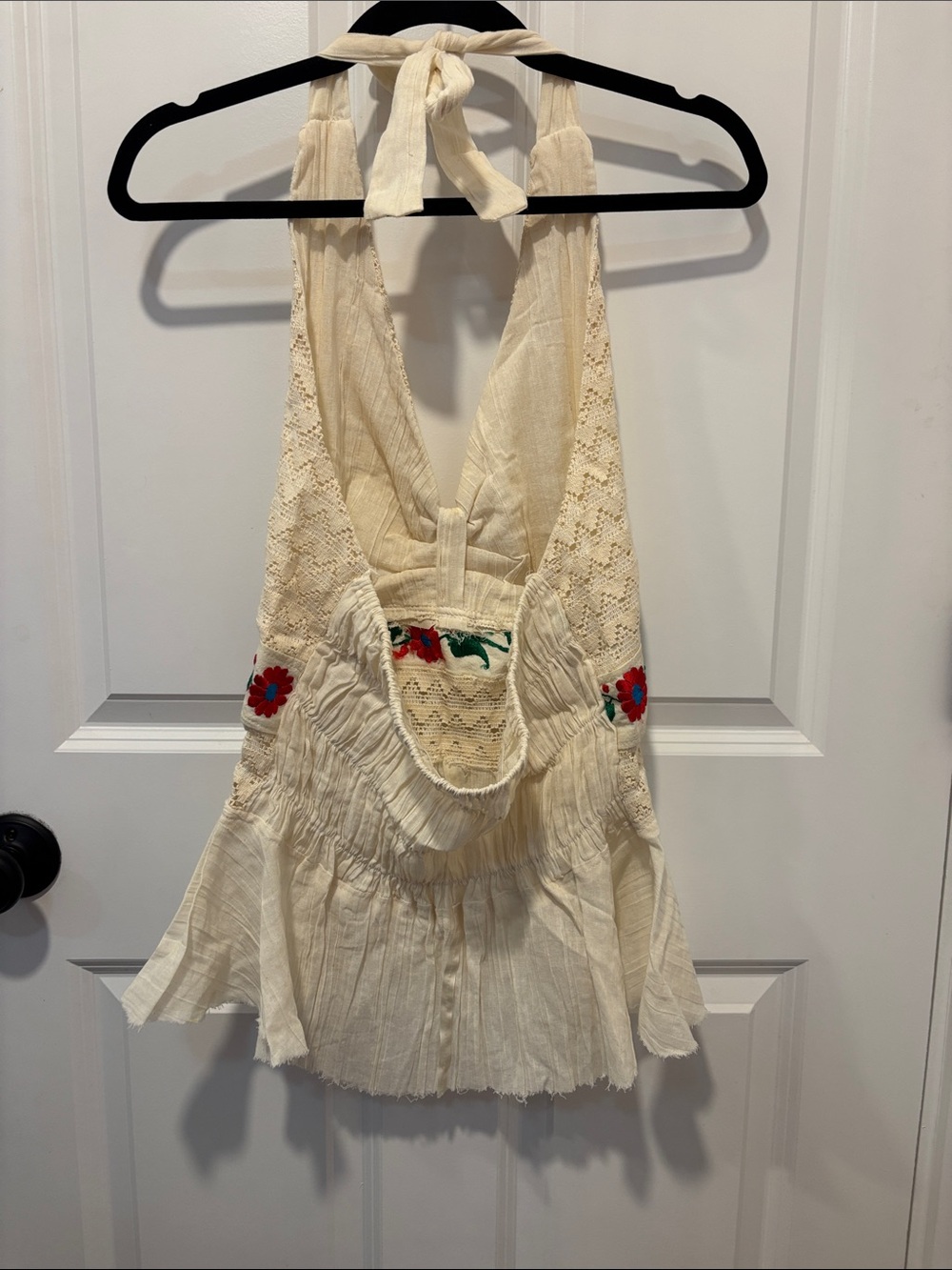 Boho Embroidered Floral Lace Halter Peplum Top Cream Cottagecore Festival XL - Picture 4 of 6